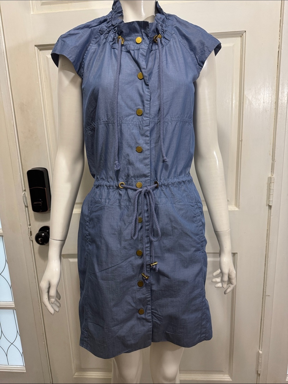 Tory Burch Chambray Blue Drawstring Button Mini Dress Size 2